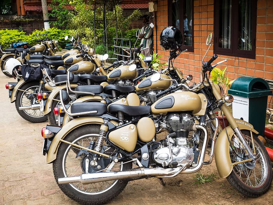 Row of Royal Enfield motorcycles in Kerala