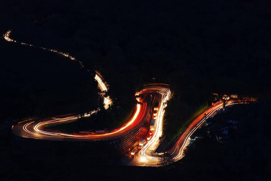 Light trails on the Wayanad ghat road at night